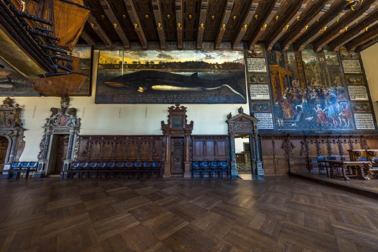Peinture de Franz Wulfhagen dans la grande salle de l'hôtel de ville de Brême, connue sous le nom de "Große Walbild". En 1669, une baleine de Minke s'égara dans la Lesum, un affluent de la Weser. Le conseil municipal demanda au peintre de peindre la baleine en taille réelle. Le tableau mesure 3,55 x 9,55 mètres / © Photo : Georg Berg